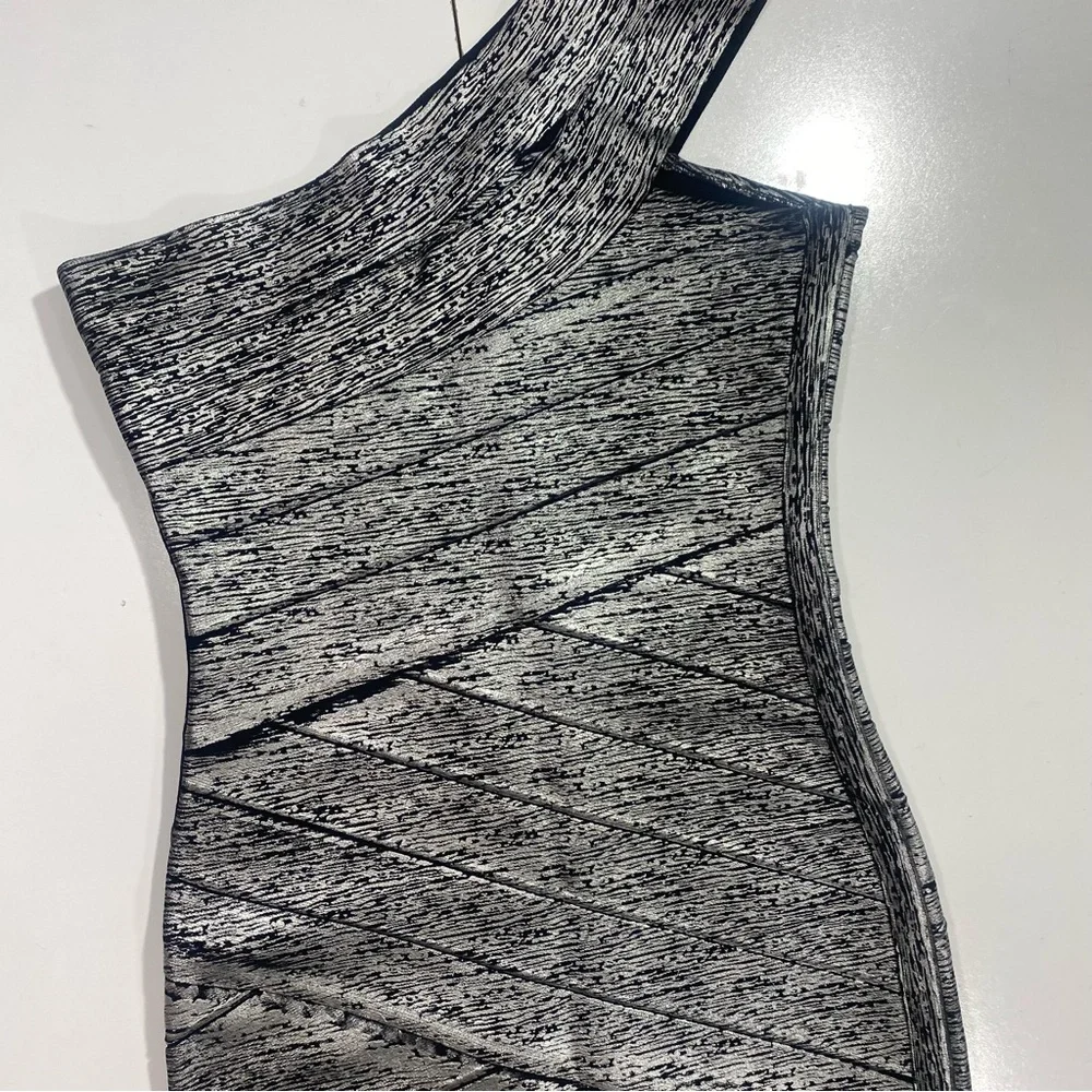 JS‎ Collections Black Metallic Silver Painted One Shoulder Bandage Bodycon Dress